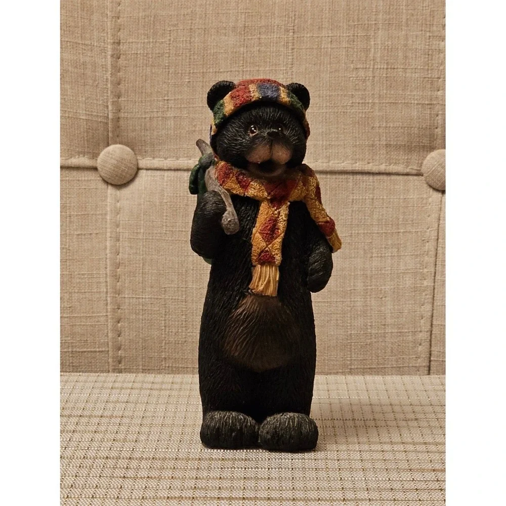 Vintage‎ Sandicast 6X2 Black Bear Figurine with scarf, winter hat, bag on stick